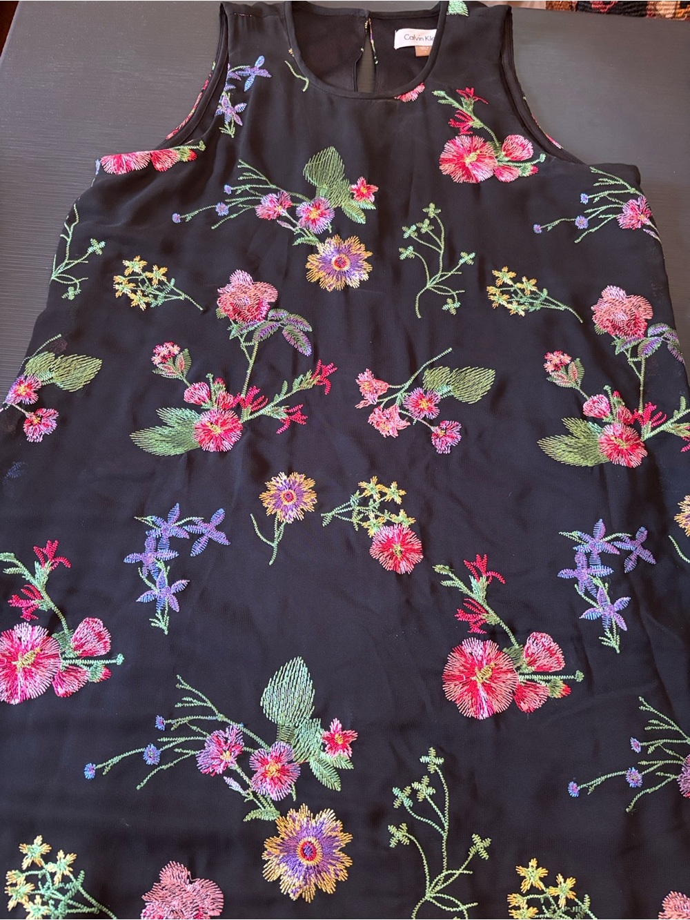 Calvin Klein Black Sleeveless Dress with Multicolor Floral Embroidery